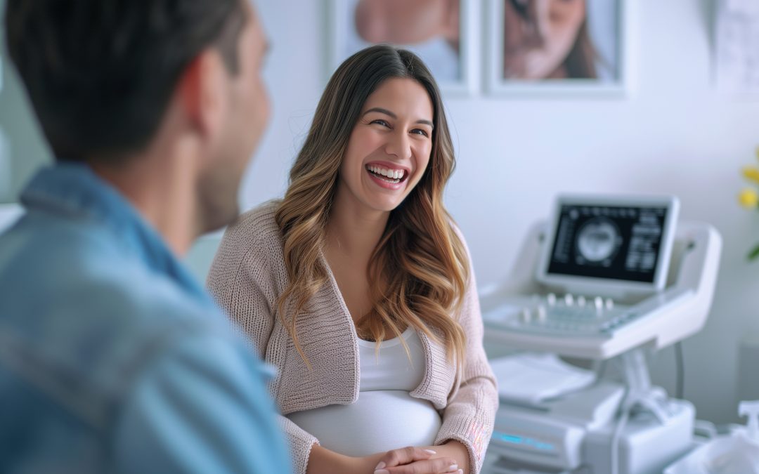 Pregnant woman smiles in doctor's office